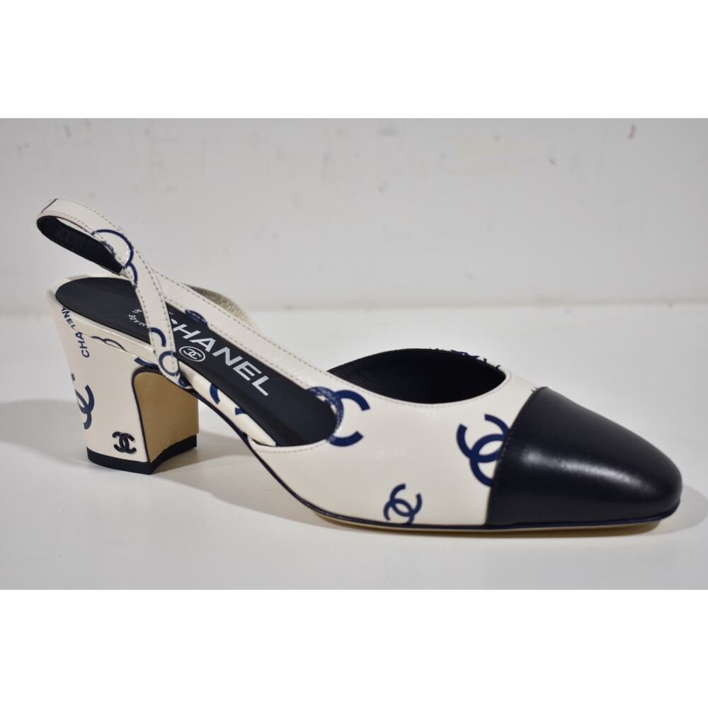 Chanel 23P Mademoiselle Coco Sling White Blue CC Logo Slingback Sandal Heel 40 - Picture 3 of 10